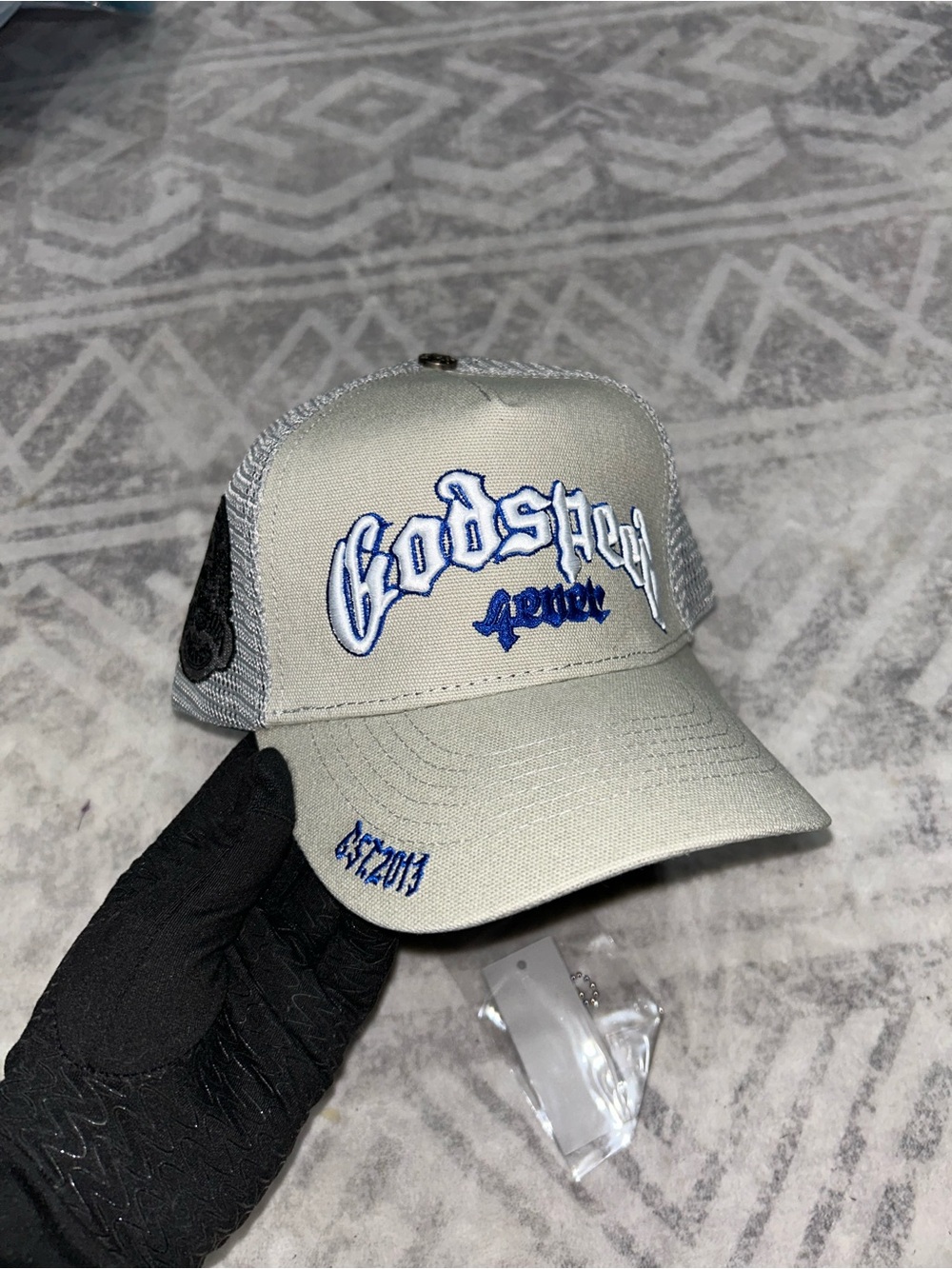 Gray Trucker Hat with Blue Embroidered 'Godspeed' Logo